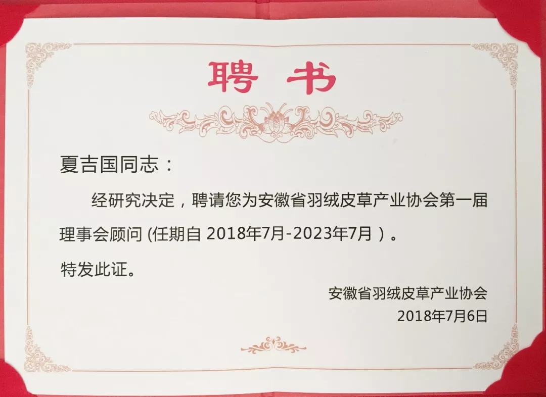 安徽省羽絨皮草產(chǎn)業(yè)協(xié)會成立，夏吉國總裁任第一屆理事會顧問
